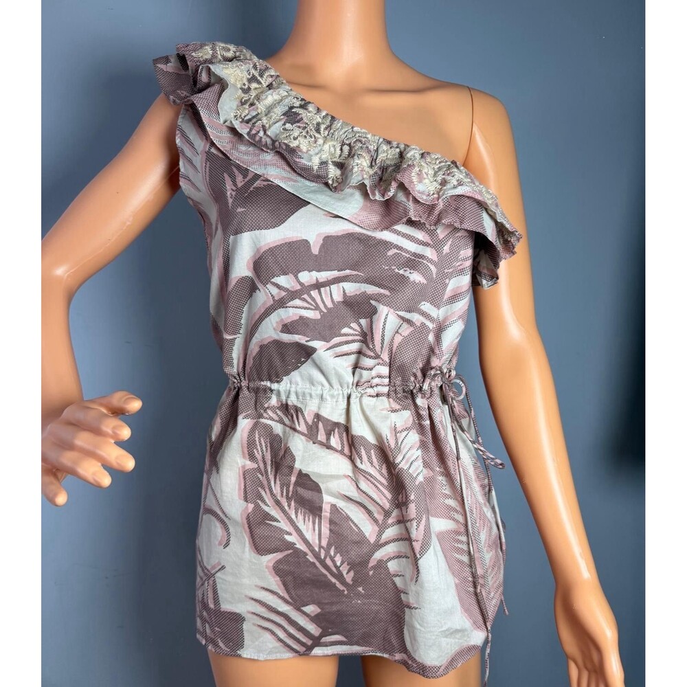 Banana Republic One Shoulder Top XS NWT Linen Blend Palm Print Floral Ruffle.